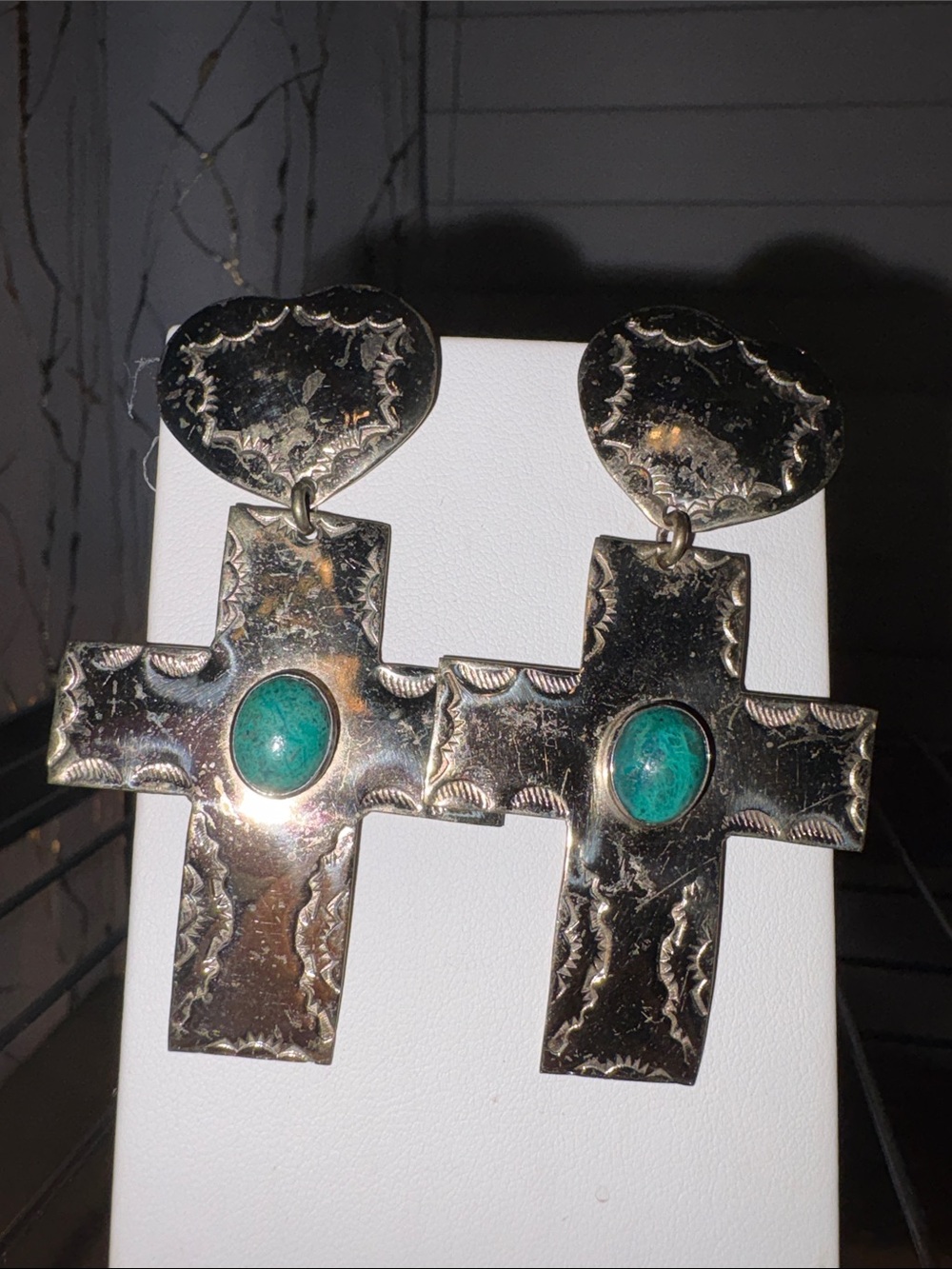 Sterling Cross Drop Earrings with Turquoise Accent - Silver and Teal